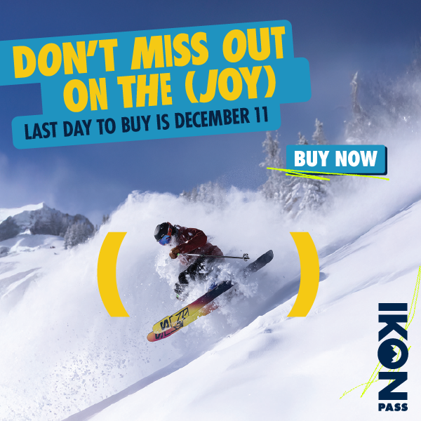 Skier going through powder. Copy reads: Destination: Good Times. Max your winter at 60+ destinations. CTA: Buy Now